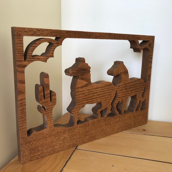 Wooden Horse & Cactus Wall Hanging Handmade Western Picture Plaque 9x13" - Picture 1 of 5